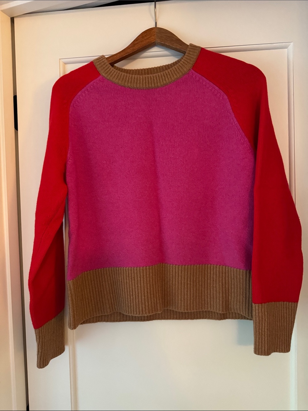 Boden Olivia Colorblock Pink and Red Women's Sweater with Tan Trim M Merino Wool